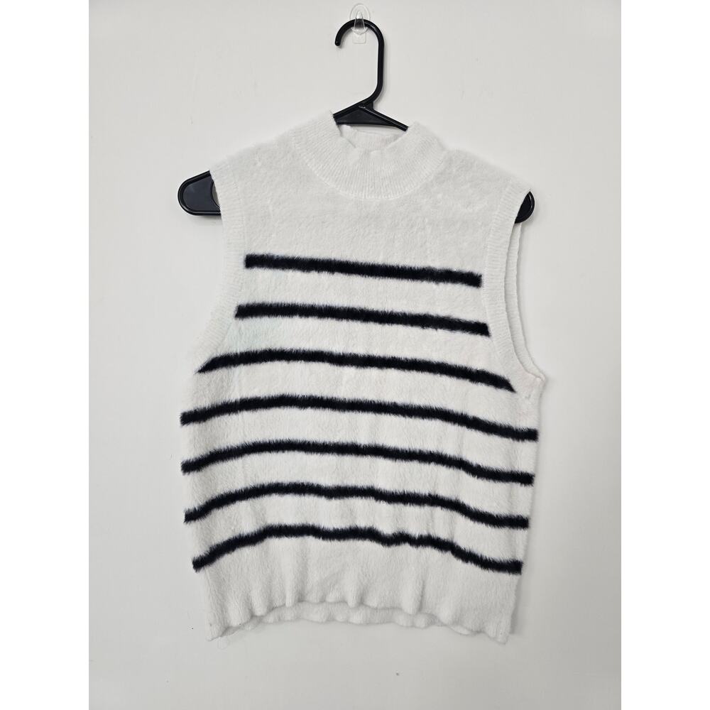 Bailey 44 Fuzzy Striped Sweater Vest Medium Cream Black Mock Neck Knit